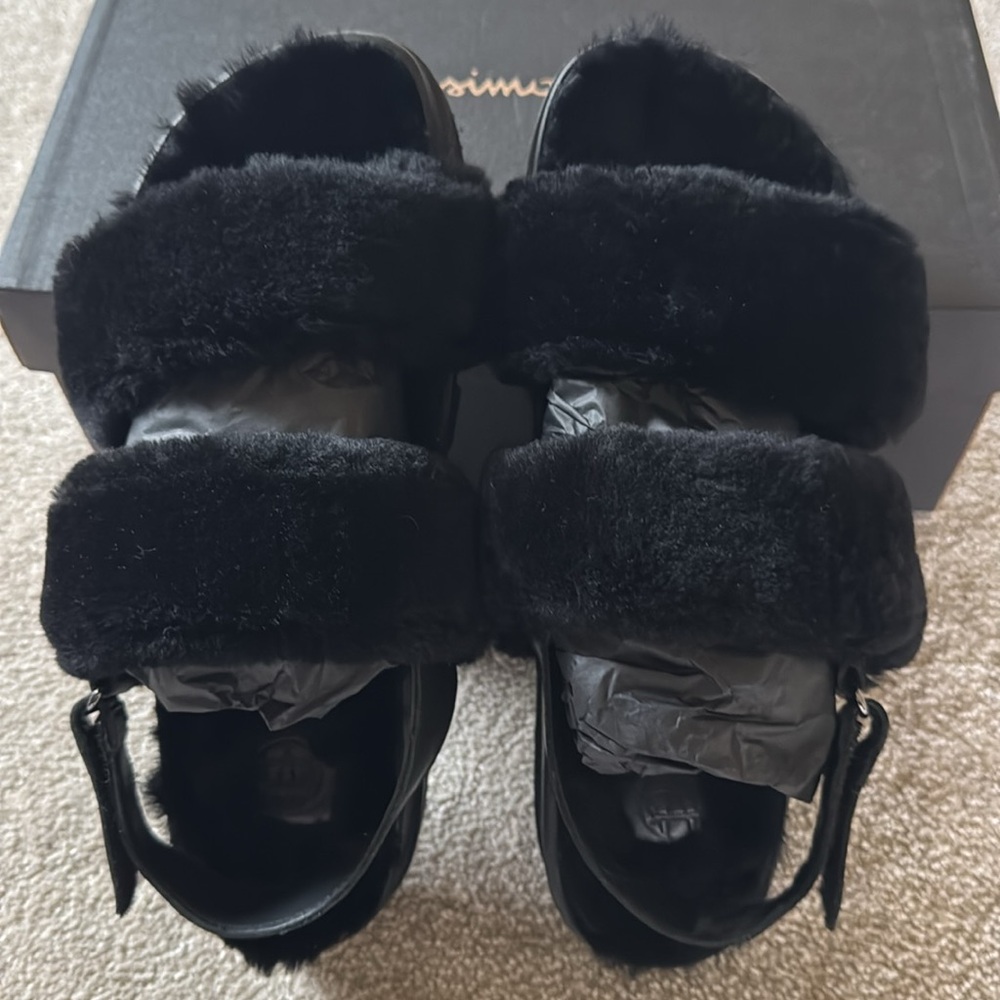Massimo Dutti Black Fur Strap Leather Sandals | Shearling Winter| Size 9 NWT - Picture 3 of 9